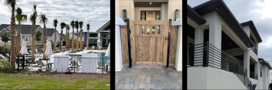 Three images: a pool area with chairs and umbrellas, a wooden gate in front of a house, and a modern house exterior with a balcony and black railing.