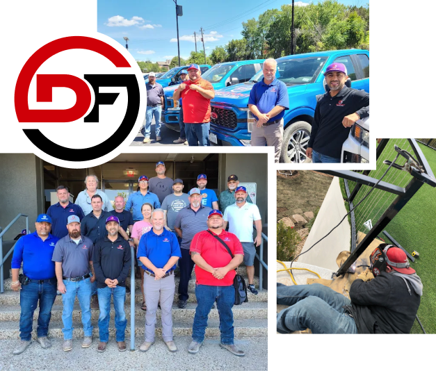 Collage showing a group of workers posing on steps, a lineup of trucks with staff, a man welding, and a logo with the letters "DF" in red, black, and white.