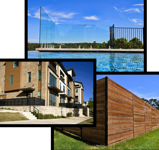 Three types of fences: a glass pool fence, a metal pool fence, and a tall wooden privacy fence outside a modern apartment building.