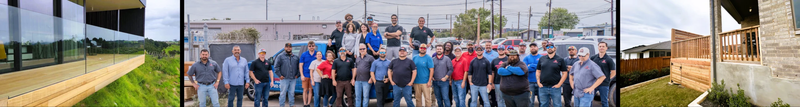 A large group of people poses outdoors in a parking lot, flanked by images of building exteriors on both sides.