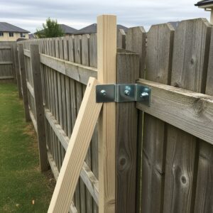 %Title% | Discount Fence Usa A poorly executed fence repair with a single, mismatched plank serving as a temporary patch.