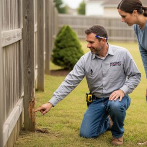 %Title% | Discount Fence Usa A professional contractor from Discount Fence USA inspecting a fence post for rot with a homeowner.