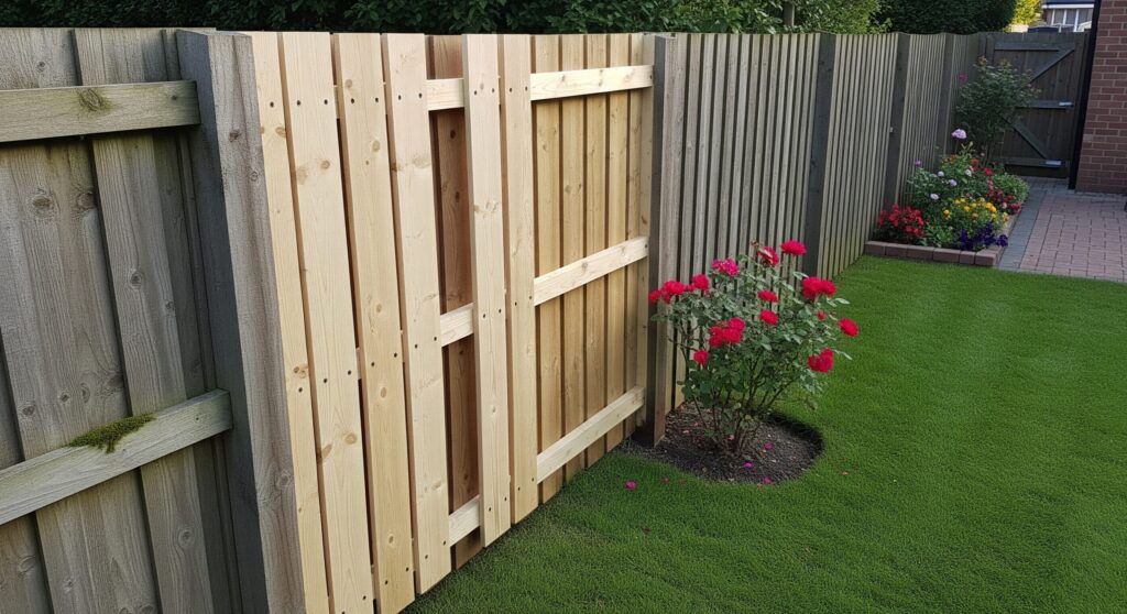 A beautifully repaired wooden fence section, with new, sturdy planks seamlessly integrated with the older, but well-maintained, fence line. The surrounding yard is neat and well-cared for.