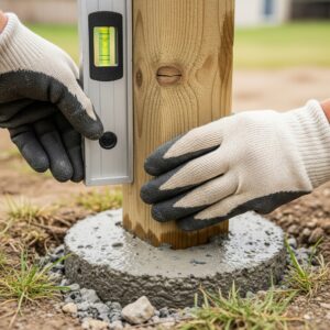 %Title% | Discount Fence Usa A professional's hands setting a new wooden fence post in a fresh concrete foundation.