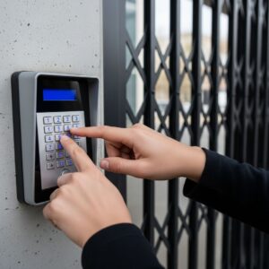 close-up of a person entering a code on a digital access control keypad