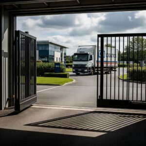 View from inside a business property as a delivery truck passes through an open automatic swing gate