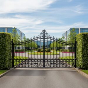 elegant black ornamental iron gate stands at the entrance