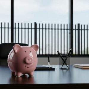 piggy bank sitting on a desk with the blurred image of a secure commercial fence visible