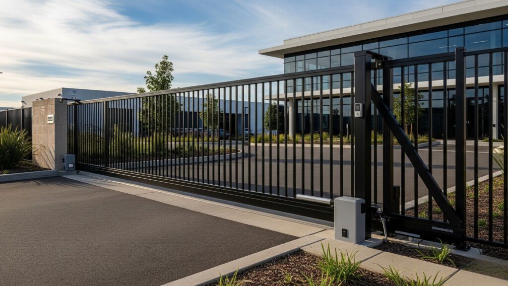 durable, black automated sliding gate securing the entrance to a modern commercial business property