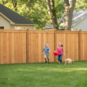 kids and puppy playing in fenced-in back yard