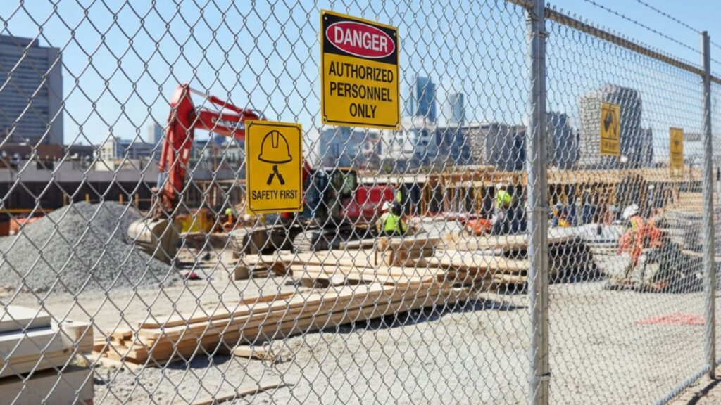 signage on chain fencing at construction site