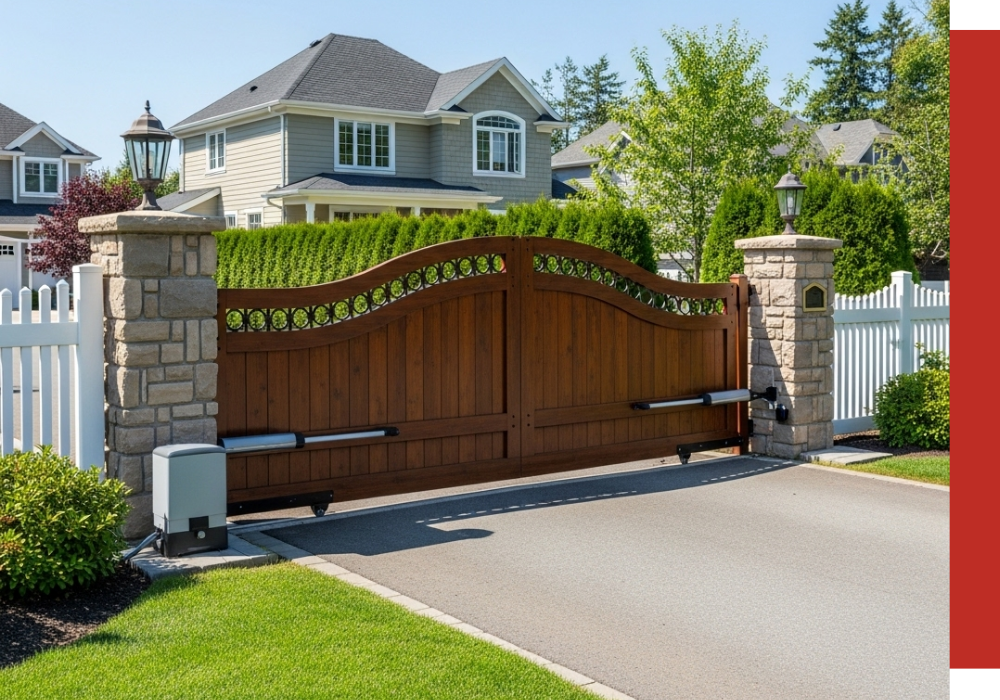 An Aldine wooden automatic driveway gate with stone pillars and white picket fencing stands in front of a suburban house on a sunny day.