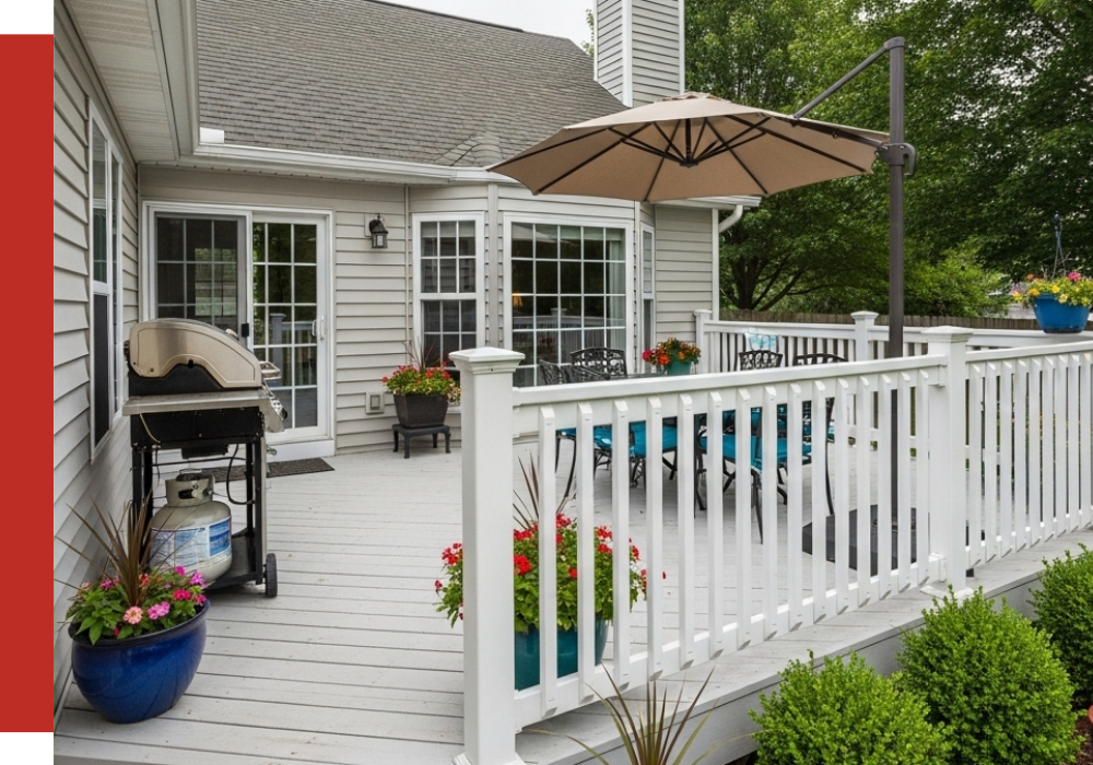 An Aldine backyard wooden deck with potted plants, a barbecue grill, outdoor table and chairs, an umbrella, and white railing enhances the charm of this light gray house.