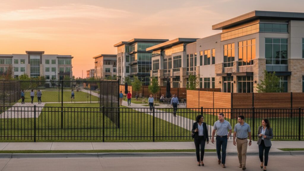 People walk and talk outside a modern apartment complex with green lawns, fences, and large windows at sunset.