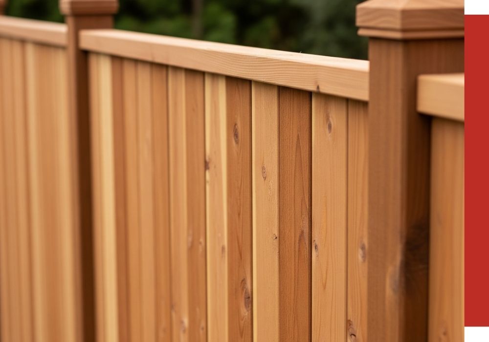 A close-up view of a wooden privacy fence with vertical planks and square posts stands in an outdoor setting, surrounded by the tranquil backdrop of a lush forest.