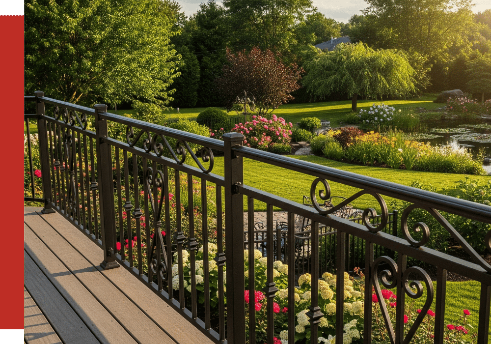 A deck with a fence and a garden, nestled beside a tranquil forest.