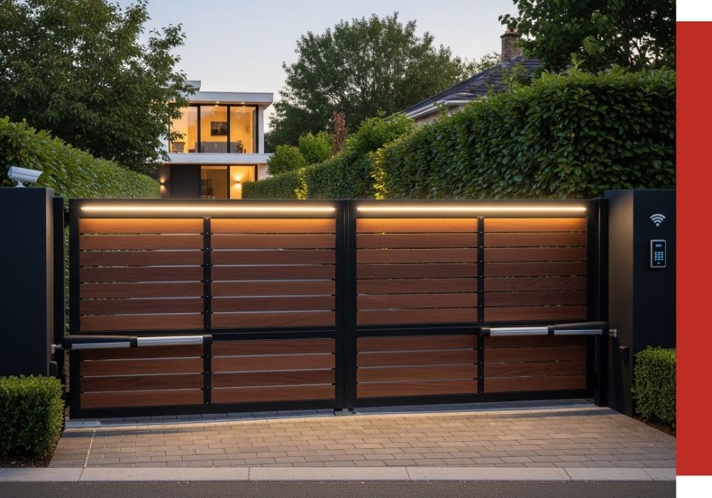 Modern automated wooden gate with black metal frame, illuminated by a horizontal light strip, stands in front of a contemporary house nestled near a lush forest and surrounded by greenery.