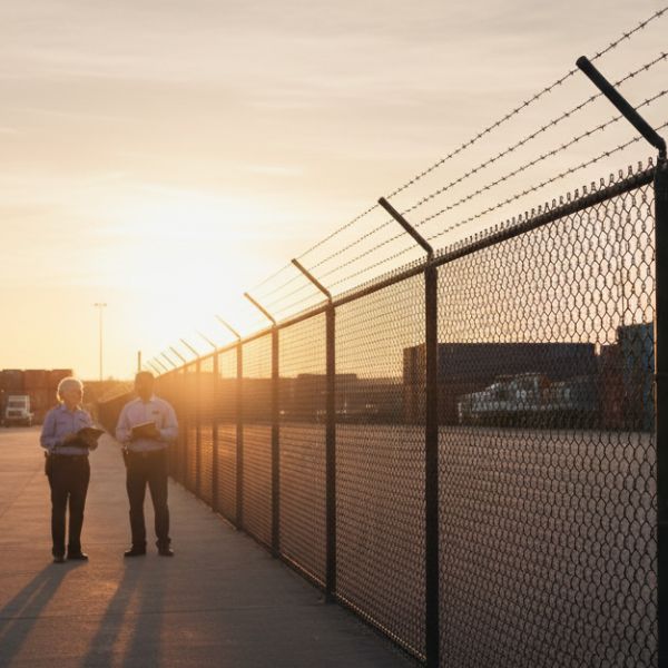Two people stand next to a chain link fence topped with barbed wire at sunset, holding documents in an industrial area.