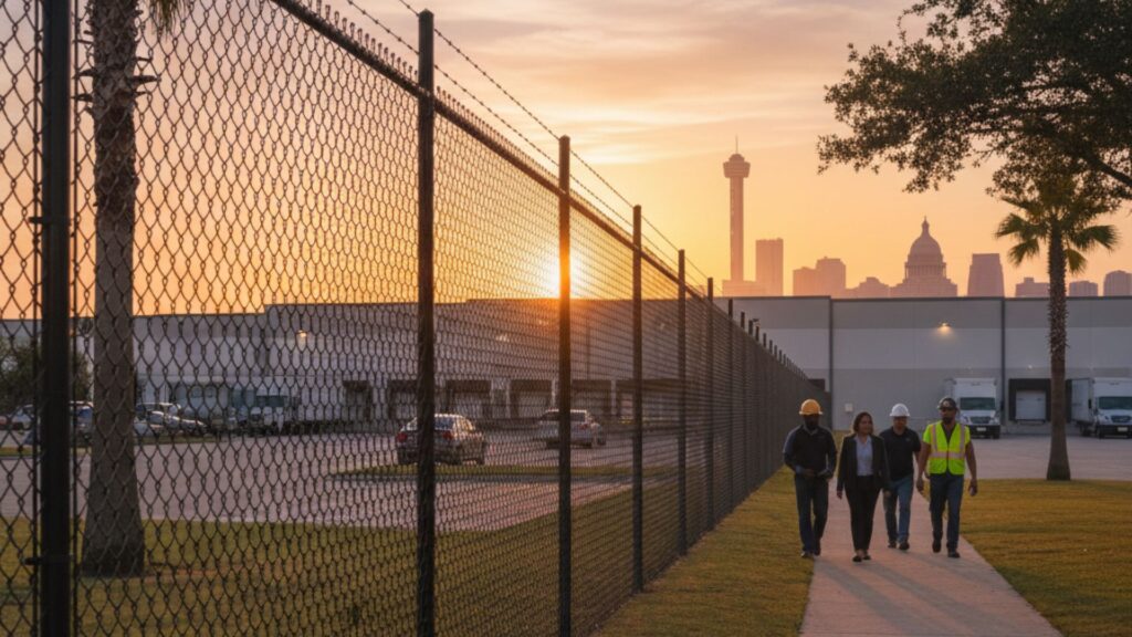 Three people wearing safety gear walk on a path beside a fenced industrial facility at sunset, with a city skyline visible in the background.