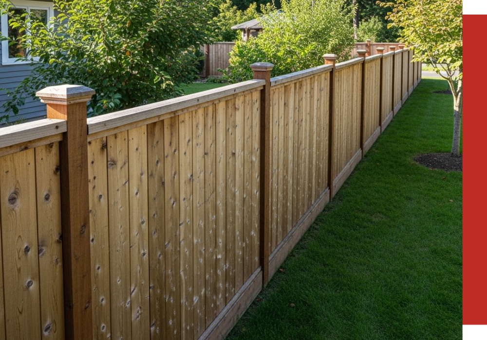 A wooden privacy fence runs alongside a grassy lawn with trees and shrubs on both sides, separating two residential yards in Conroe.