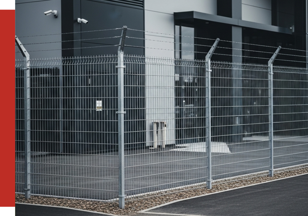 A tall metal security fence with barbed wire surrounds a modern industrial or commercial building with gray exterior walls in Conroe.