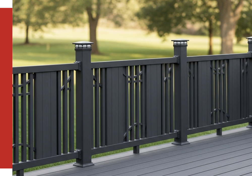 A dark gray metal railing with decorative vertical bars and posts stands on a deck in Conroe, overlooking a grassy area with trees in the background.