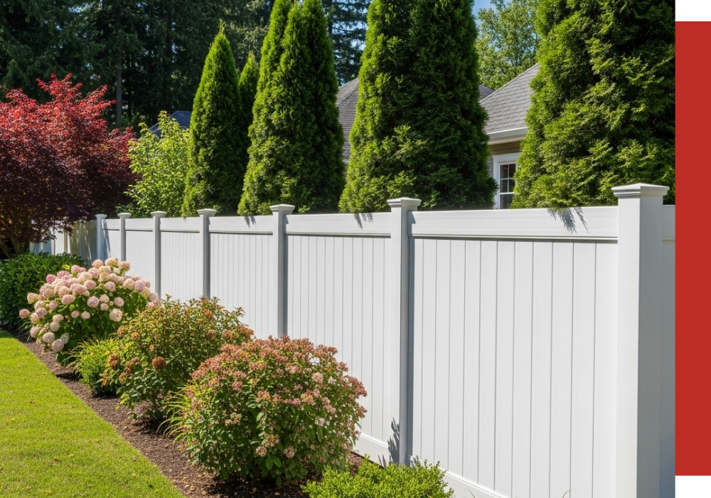 A white privacy fence borders a landscaped garden with flowering shrubs and tall cypress trees in a residential backyard.