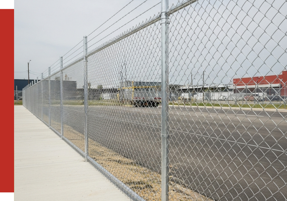 A chain-link fence separates a paved parking lot from a sidewalk lined with cypress trees, with industrial buildings visible in the background under a cloudy sky.