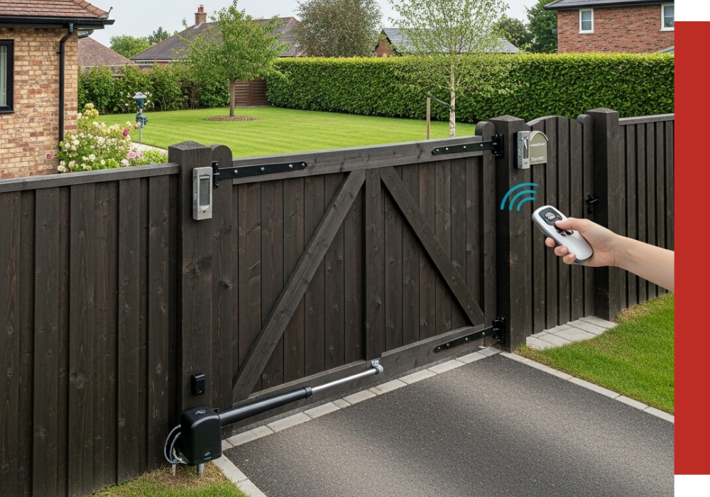 A person uses a remote control to open a wooden automatic driveway gate attached to a brick fence, bordered by Cypress trees, with a well-kept lawn and houses in the background.