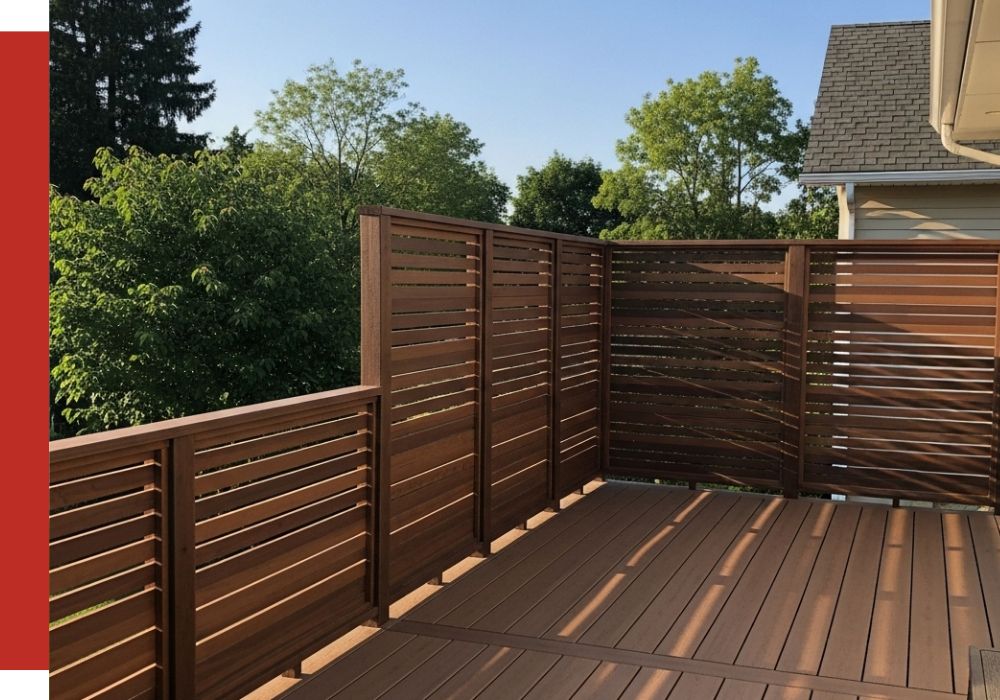 A cypress wooden deck with privacy panels and railings, adjacent to a house, overlooks green trees under a clear blue sky.
