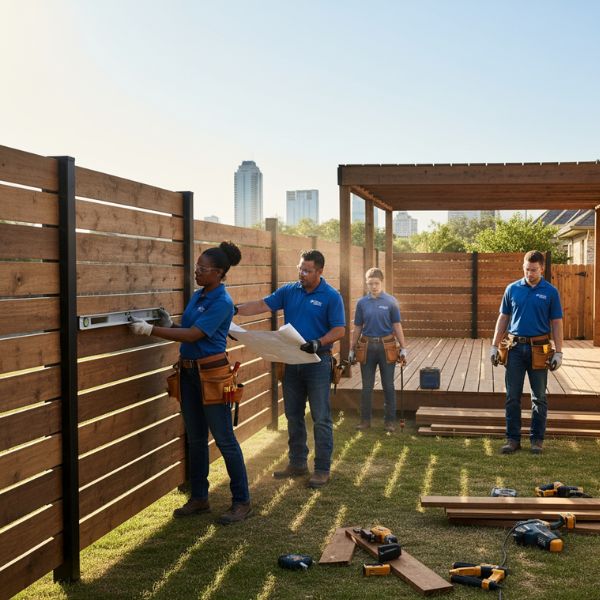 Four people in blue shirts and tool belts are building a wood fencing and deck in a backyard, using tools and a level to check alignment on a sunny day.