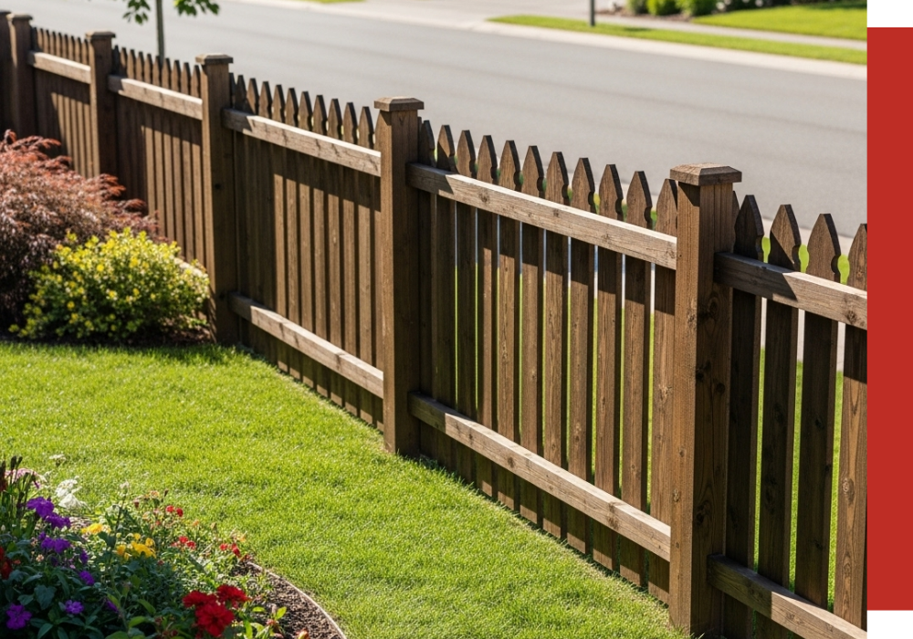 A humble wooden picket fence separates a grassy yard with flowers from the sidewalk and street on a sunny day.