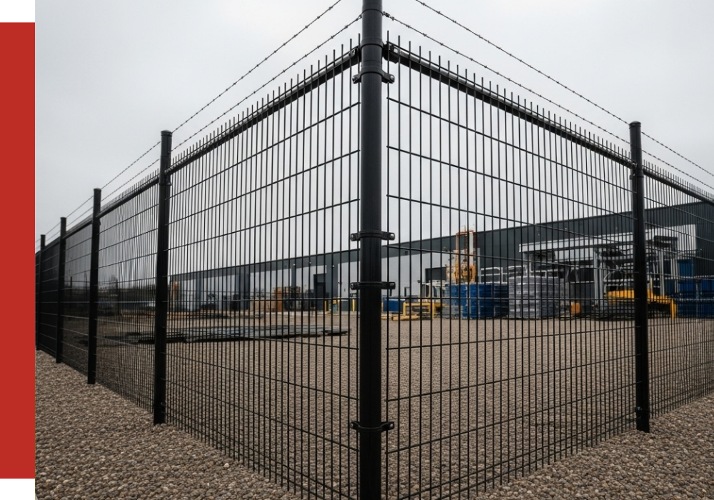 A humble black metal fence encloses a gravel lot in front of an industrial building beneath overcast skies.