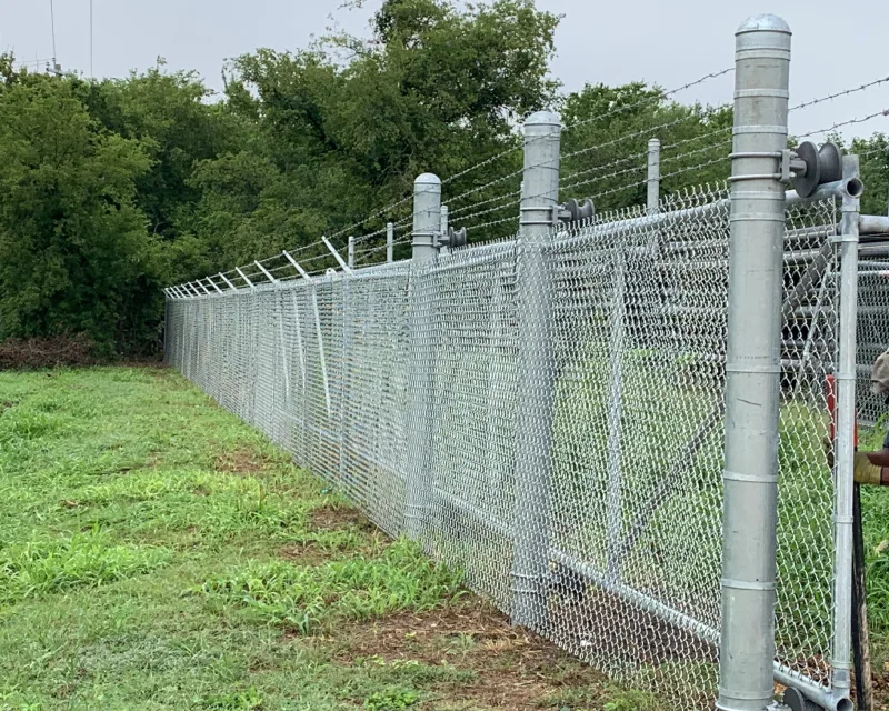 A tall chain link fence topped with barbed wire runs along a grassy area, with trees visible in the background.