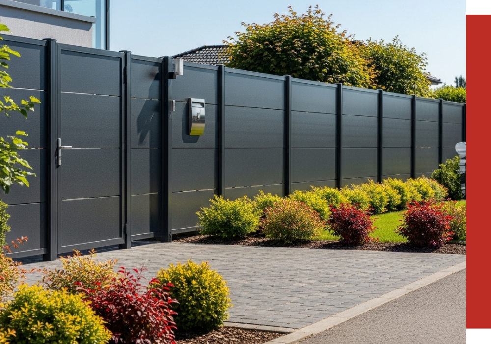 A modern grey metal fence with a gate borders a landscaped Jersey Village garden with shrubs and a paved walkway on a sunny day.