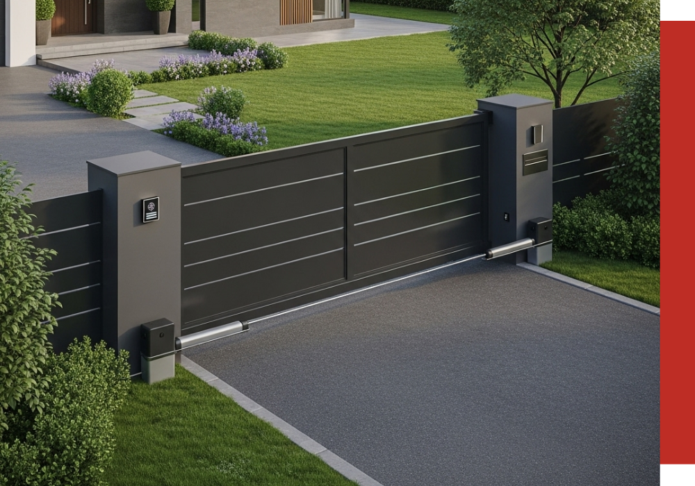 Modern black sliding gate with security keypad and automatic opener, installed at a Jersey Village driveway entrance leading to a contemporary house.