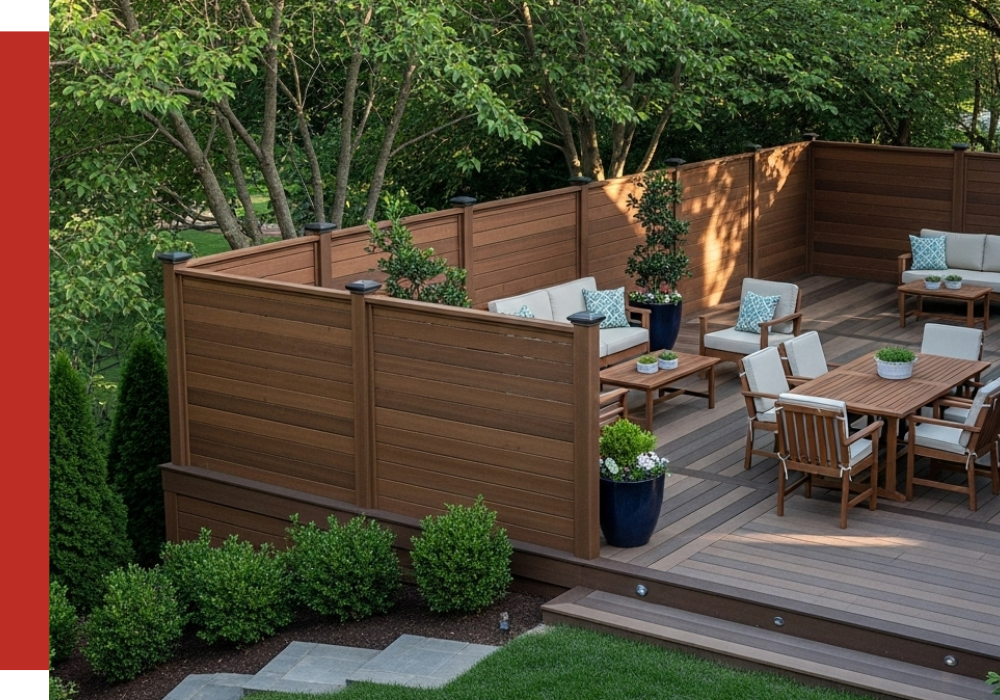 Charming Jersey Village outdoor patio with a wood privacy fence, seating area with white cushions, dining table, potted plants, and lush surrounding greenery.