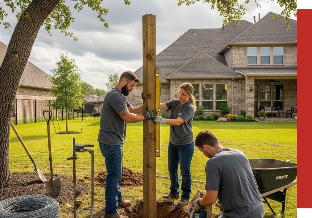 Three people in Katy install a wooden fence post in a backyard, using tools and a level to ensure accuracy. A house and lawn are visible in the background.
