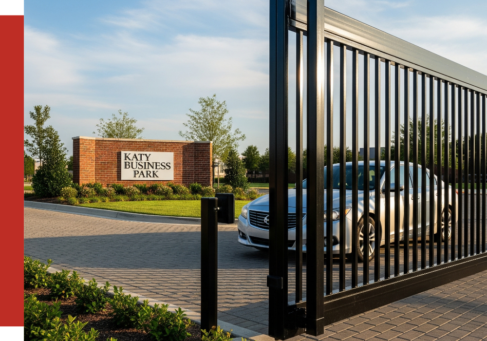 A silver car waits at the entrance gate of Katy Business Park, with a brick sign and well-kept Katy landscaping visible in the background.