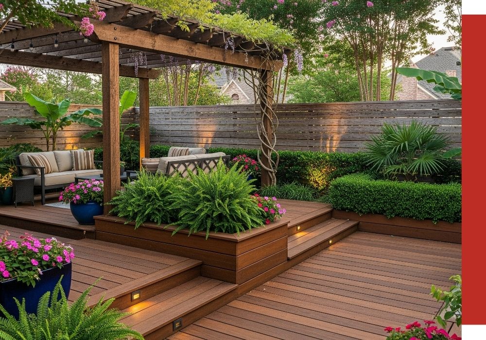 A wooden deck patio in Katy with built-in steps, a seating area under a pergola, potted plants, lush greenery, and a privacy fence creates a serene landscaped backyard.