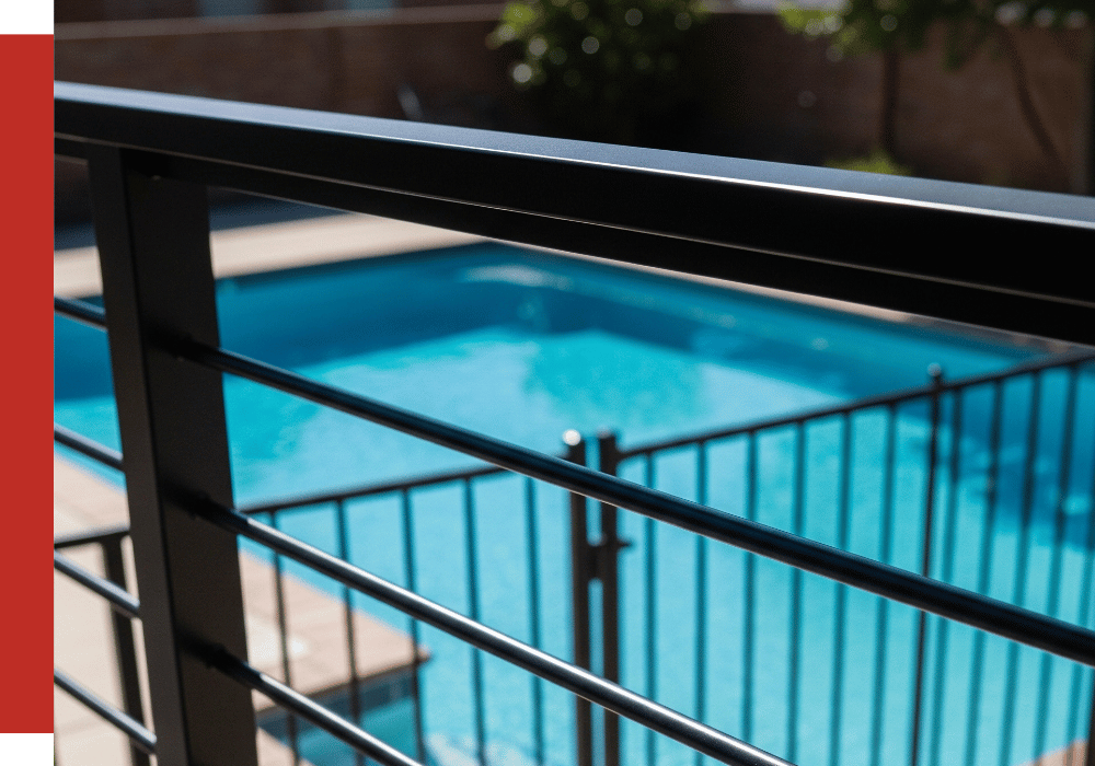 Close-up of a black metal fence surrounding an outdoor swimming pool in Katy, with clear blue water visible in the background.