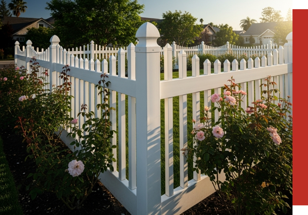 A white picket fence borders a yard with blooming pink rose bushes, green grass, and trees—a classic Kingwood scene—with houses visible in the background under a clear sky.