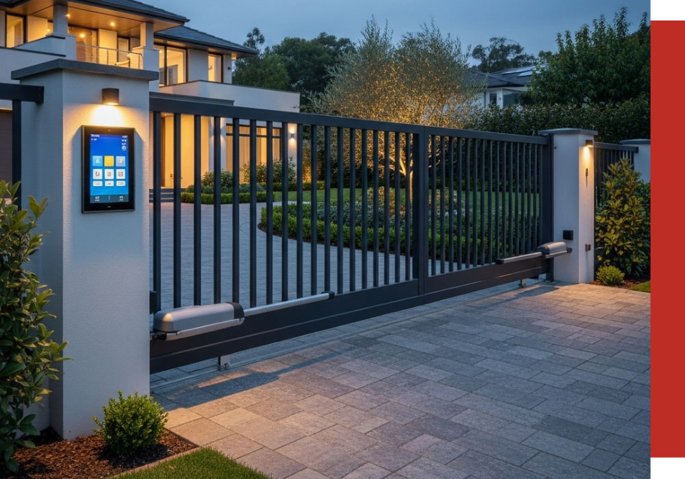 Modern automated driveway gate with keypad access, illuminated by exterior lights, secures the entrance to a large Kingwood contemporary house with landscaped grounds at dusk.
