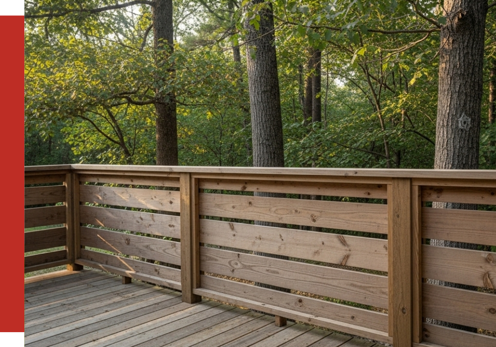 A Kingwood deck with a slatted railing overlooks a forested area filled with tall trees and dense green foliage.