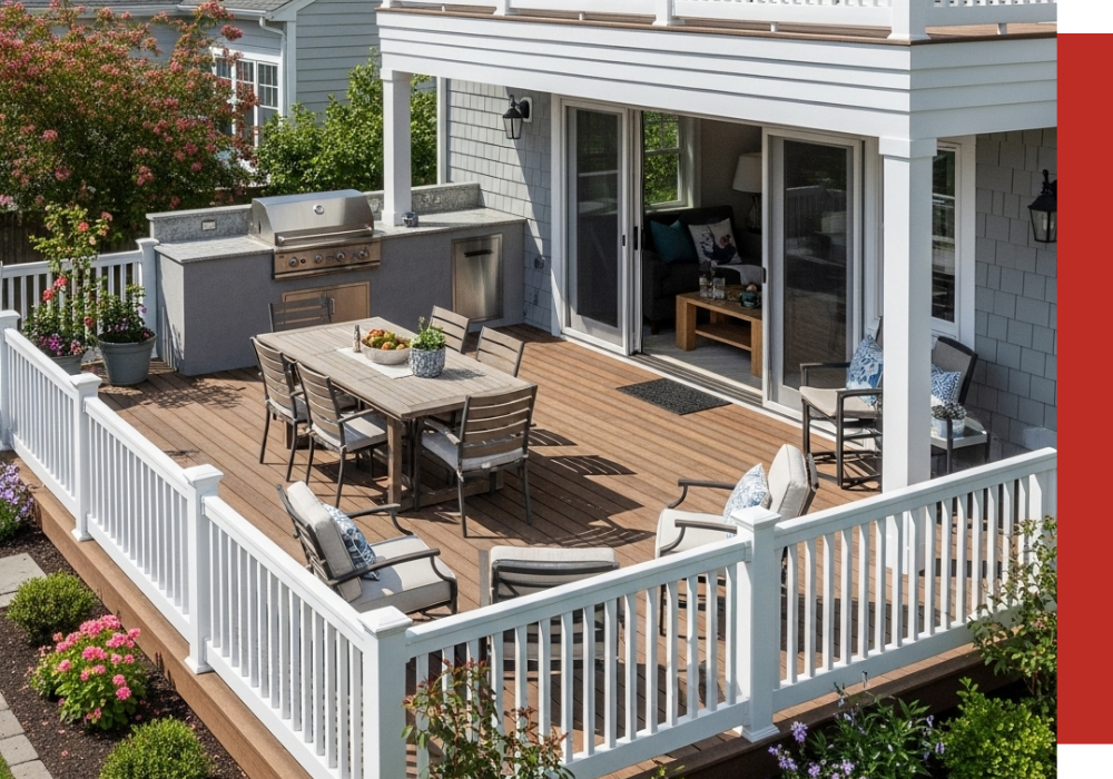 A modern outdoor patio perfect for spring, featuring a dining table, cushioned chairs, a barbecue grill, and potted plants, all surrounded by a white railing.