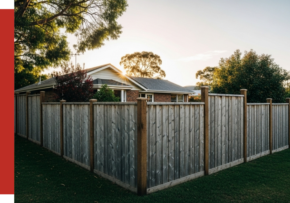 A suburban house is partially visible behind a tall wooden fence, surrounded by trees and a well-maintained lawn at sunset, capturing the fresh charm of spring.