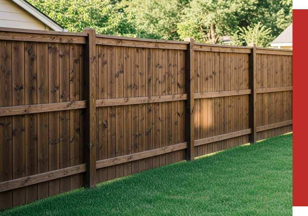 A tall wooden privacy fence with vertical planks stands on a well-maintained green lawn in Tomball, with trees and a house visible in the background.
