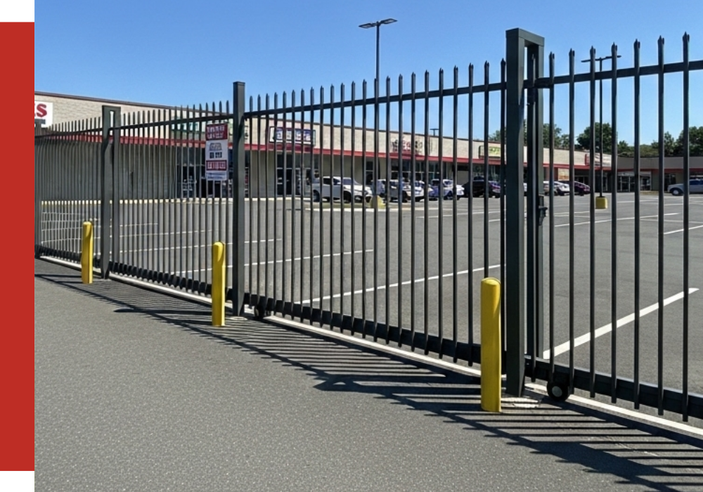 A metal security gate blocks access to an empty parking lot in front of a Tomball strip mall on a sunny day. Yellow bollards protect the gate, and several signs are posted on the fence.
