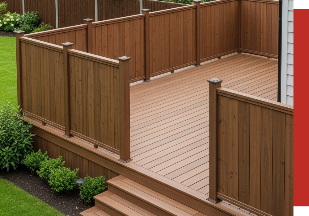 A wooden deck with tall privacy fencing, stairs, and neatly trimmed landscaping beside a green lawn creates a peaceful outdoor retreat in Tomball.