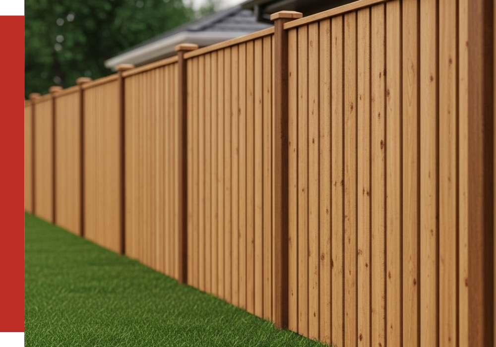 A wooden privacy fence with vertical planks stands on a green lawn in Tomball, with a house and trees visible in the background.